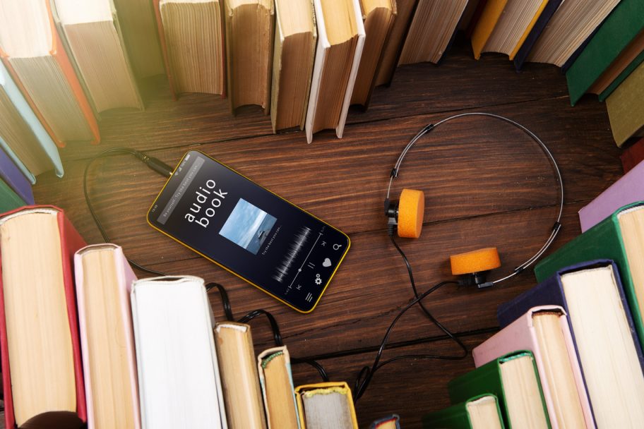 Listening Audio Book Concept Heart Shape Of Book, Headphones And Smartphone With Audiobook Application. Study Online