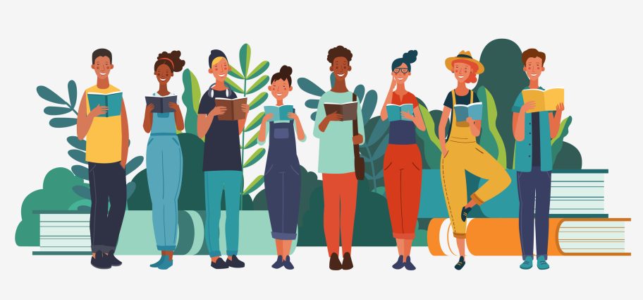 Young People Reading Books In The Park. Summer Landscape Background. Holidays Time. Back To School, Study, Learning, Knowledge And Education Vector Concept